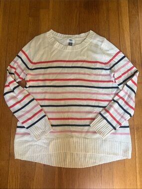 Old Navy Cream Crewneck Sweater with Pink and Navy Stripes
